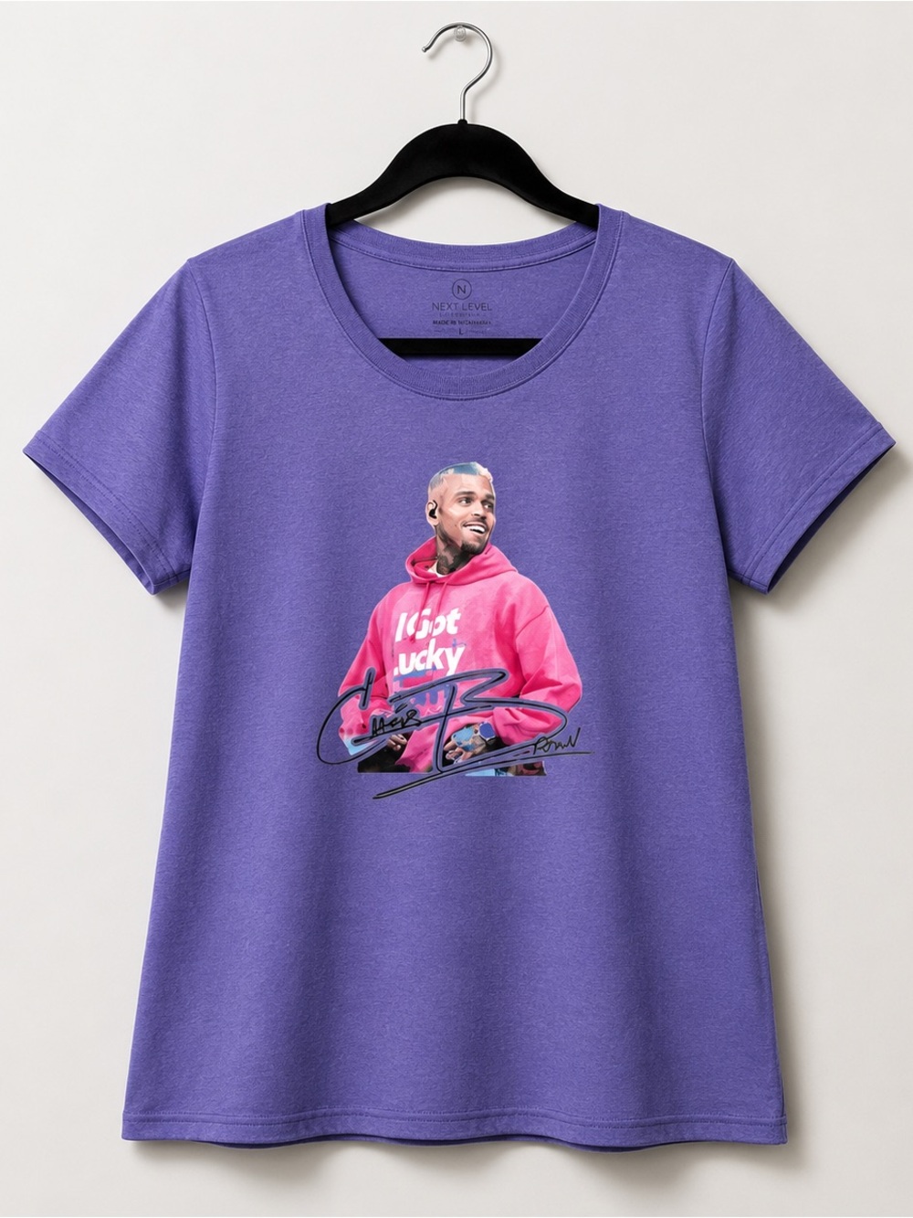 Purple “Chris Brown” Graphic Tee with Colorful Photo Print